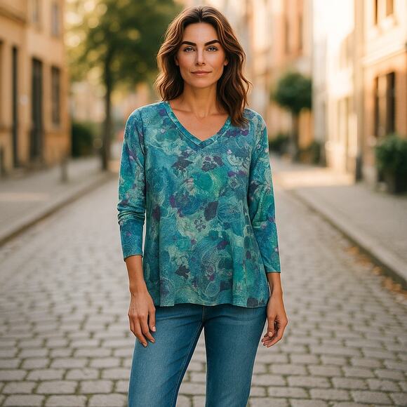 Soft Surroundings Knit Tunic Canterbury Top Paisley 1X Purple Teal - Picture 1 of 6